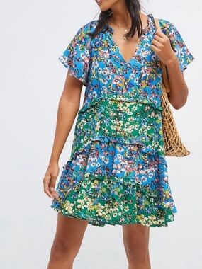 Anthropologie Robin Floral V-Neck Tiered Hem Mini Dress Colorful Womens Size XS